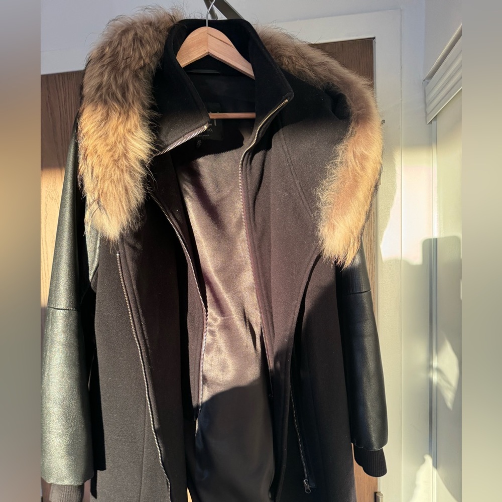 Size Large Black warm winter coat with fur hood double layer SICILY, brown fur L - Picture 11 of 16